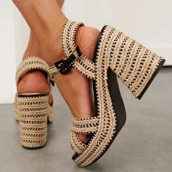 New Open Toe Raffia Espadrille Platform Sandals Mary-Jane Ankle Strap Block Heel - Picture 6 of 8